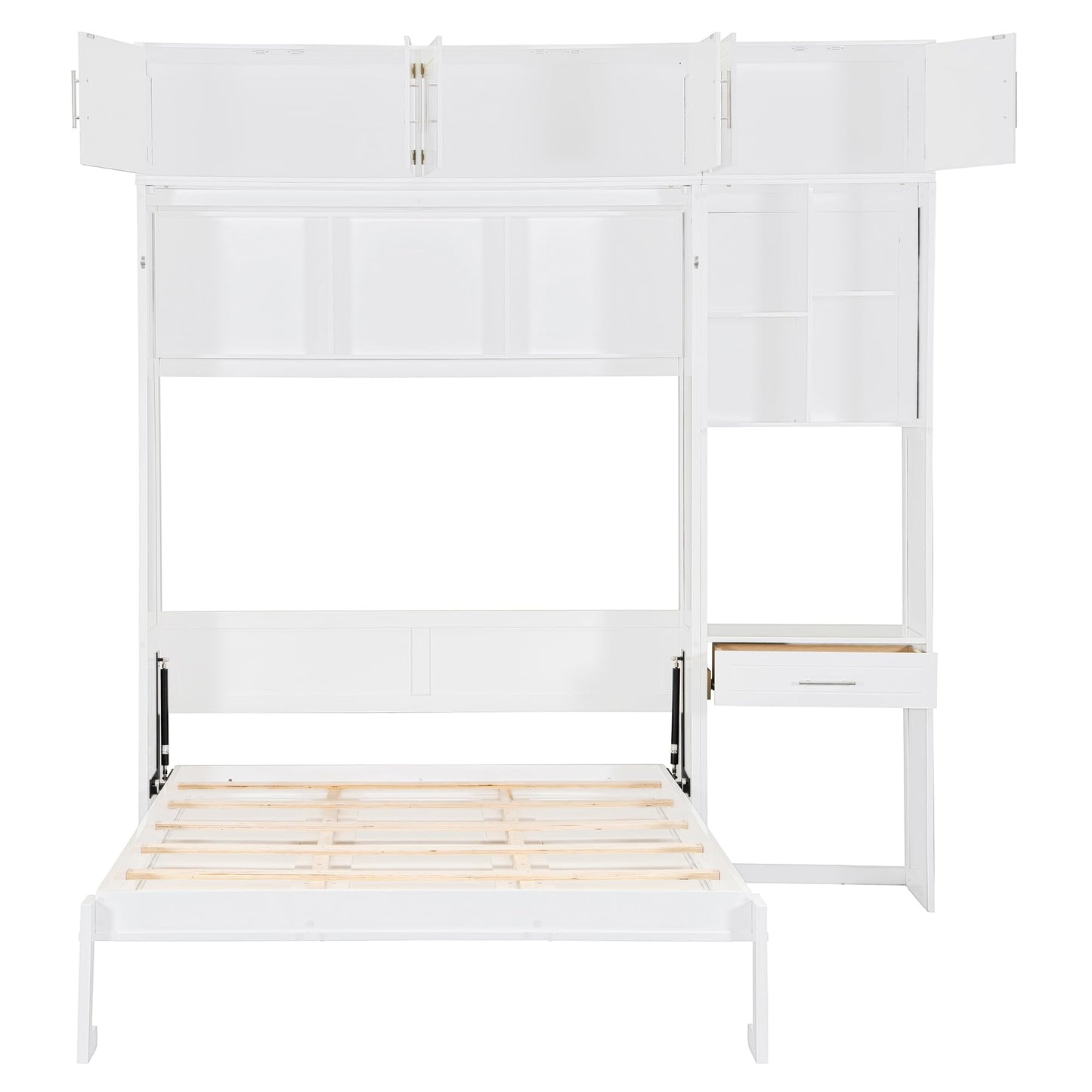Merax Full Size Wall Murphy Bed with Desk, Top Cabinet and Storage Shelves, Space Saving Foldable Bed, Wooden Bed Frame