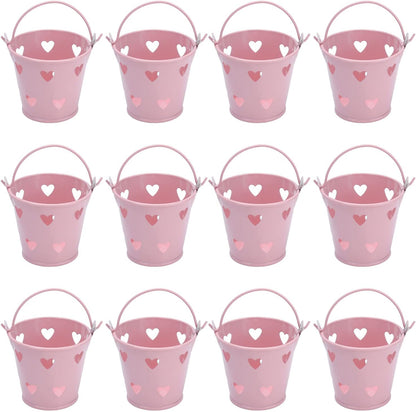 Tinplate Metal Bucket with Handle, 12pcs Mini Hollow Love Candy and Snack Storage Tin Bucket for Gardening Crafts, Home