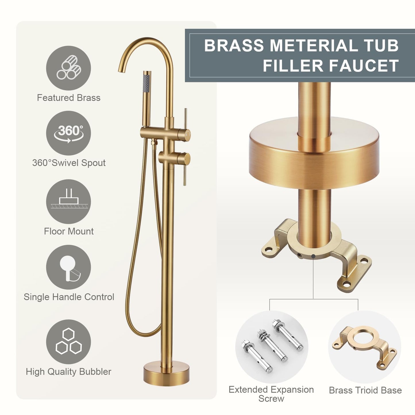 Freestanding Tub Filler Faucet, Floor Mount Brushed Gold Bathtub Faucet with Single Handheld Shower, Brass Shower Tub Faucet Set Complete, Bathtub Faucet with Shower