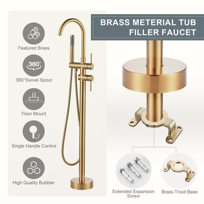 Freestanding Tub Filler Faucet, Floor Mount Brushed Gold Bathtub Faucet with Single Handheld Shower, Brass Shower Tub Faucet Set Complete, Bathtub Faucet with Shower