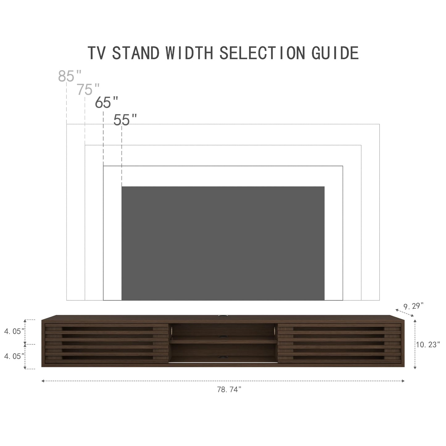 Furniloft 78" Floating TV Stand with Slatted Sliding Doors, Mid-Century Modern Wall Mounted Entertainment Center, Walnut Media Floating tv Console for 85 TV, Space-Saving Cable Management
