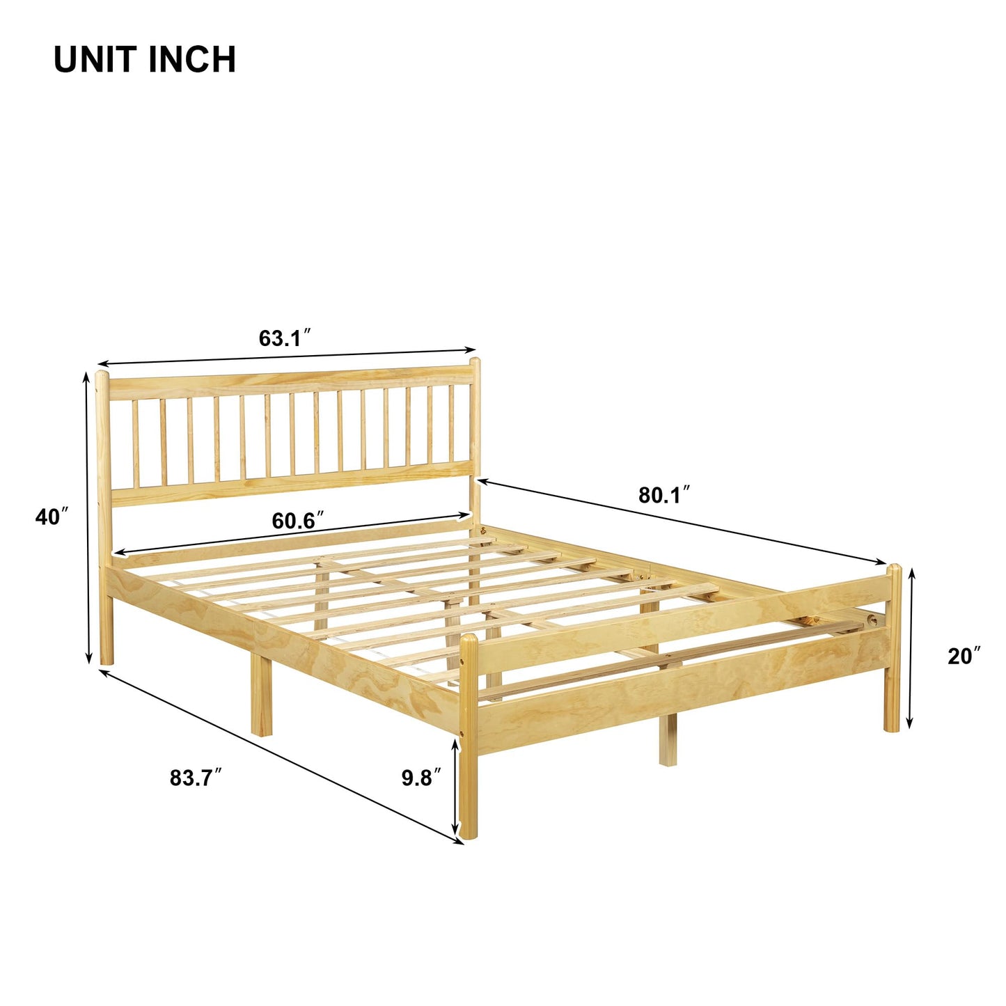 KEIKI Queen Size Bedframe with Headboard and Footboard, Pinewood Bed with Strengthened Bed Frame for Living Room, Bed Room, Natural
