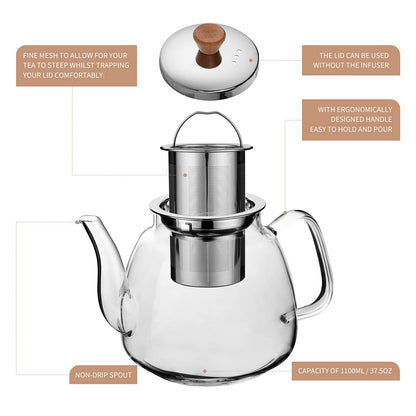 CNGLASS Glass Teapot with Infuser(37.5oz),Clear Tea Kettle with Removable Stainless Steel Strainer,Stovetop Safe Glass Teapot for Blooming and Loose Leaf Tea