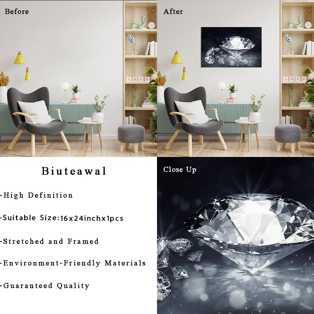 Biuteawal Diamond Wall Art Black White Canvas Print Shining Diamonds Painting Fashion Picture Modern Artwork Home Decor for Living Room Bedroom Bathroom Framed Ready to Hang
