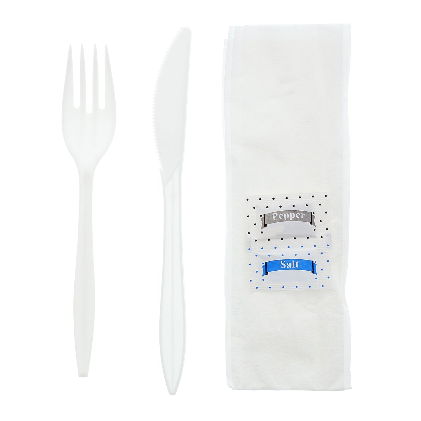 AmerCareRoyal 5-in-1 Disposable Silverware Medium Weight Plastic Utensil Set with Fork, Knife, Salt & Pepper Packets, 12x13 inch Napkin - Individually Wrapped Cutlery Meal Kit, White, Case of 250