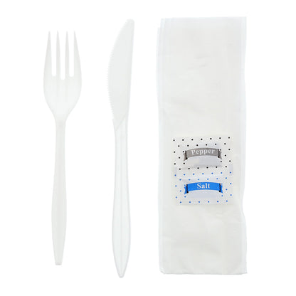 AmerCareRoyal 5-in-1 Disposable Silverware Medium Weight Plastic Utensil Set with Fork, Knife, Salt & Pepper Packets, 12x13 inch Napkin - Individually Wrapped Cutlery Meal Kit, White, Case of 250