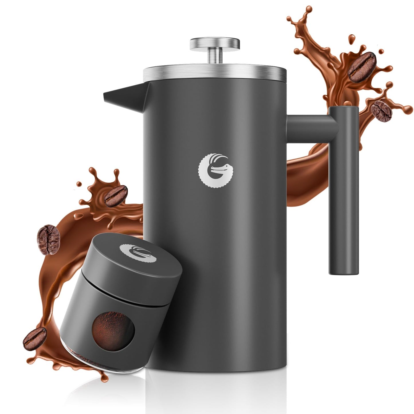 Coffee Gator 304 Grade Stainless Steel French Press Coffee Maker 34 oz, Double Wall Insulated Hot Cold Brew Teapot with 4-Level Filtration System, Include Travel Jar Canister, Kitchen, Gray