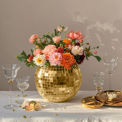Disco Ball Vase Gold Mosaic Glass Mirror Ball Planter Disco Ball Planter for Centerpieces Disco Ball Decor Flower Vase with Silver Mirror Glass for Wedding Party Birthday, Disco Decor (5" X 6")