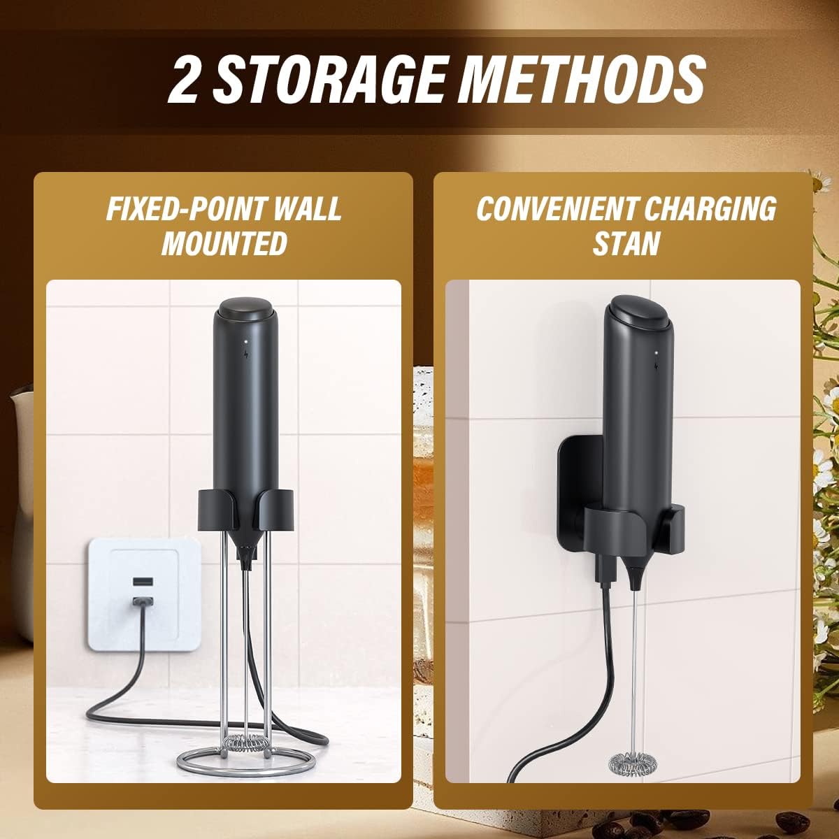 Rechargeable Handheld Milk Frother for Coffee, Electric Whisk with Wall Mounted Stand for Lattes, Hot Chocolate