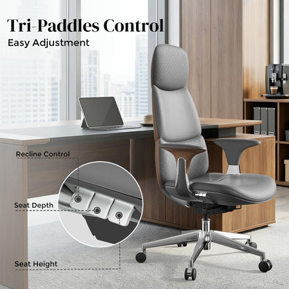 OMIDI Nyla Executive Office Chair - Genuine Leather Ergonomic High-Back Desk Chair with Adjustable Lumbar Support, Tilt Lock, Executive, Home Office, Gray, Litchi Grain