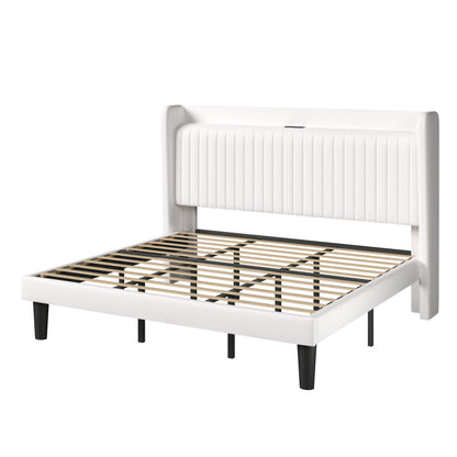 Allewie King Size Platform Bed Frame with USB Charging Station and Storage Shelf/Upholstered Velvet Wingback Headboard/Wooden Slats Support/No Box Spring Needed/Easy Assembly, White