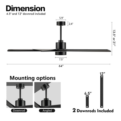 WINGBO 64" DC Ceiling Fan with Lights, 5 Carved Solid Wood Blades, 6-Speed Reversible DC Motor, Matte Black Finish Ceiling Fan with Remote, Black