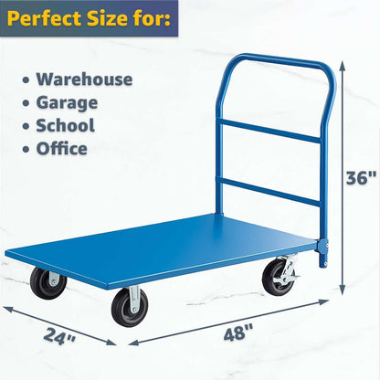 Blue Steel Platform Truck 2000 lb. Capacity - 24" x48" Heavy-Duty Utility Cart with Removable Handle, Polyurethane Wheels & Brakes - Folding Flatbed Dolly for Warehouse, Industrial, Commercial Use