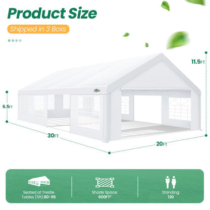 COBIZI 20x30 Party Tent Heavy Duty, Carpas para Fiestas 20x30 with 6 Removable Sidewalls & 4 Built-in Sandbags, Party Tent for Party Outside UV50+ Waterproof, White