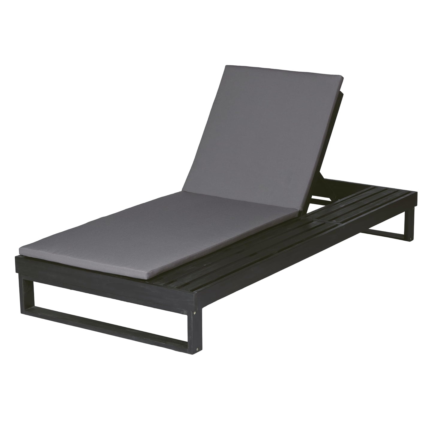 Merax Black Acacia Wood Chaise Lounge with 1.57-Inch Dark Gray 2-Fold Cushion Set, 4-Position Adjustable with Flat Side Surface, for Poolside