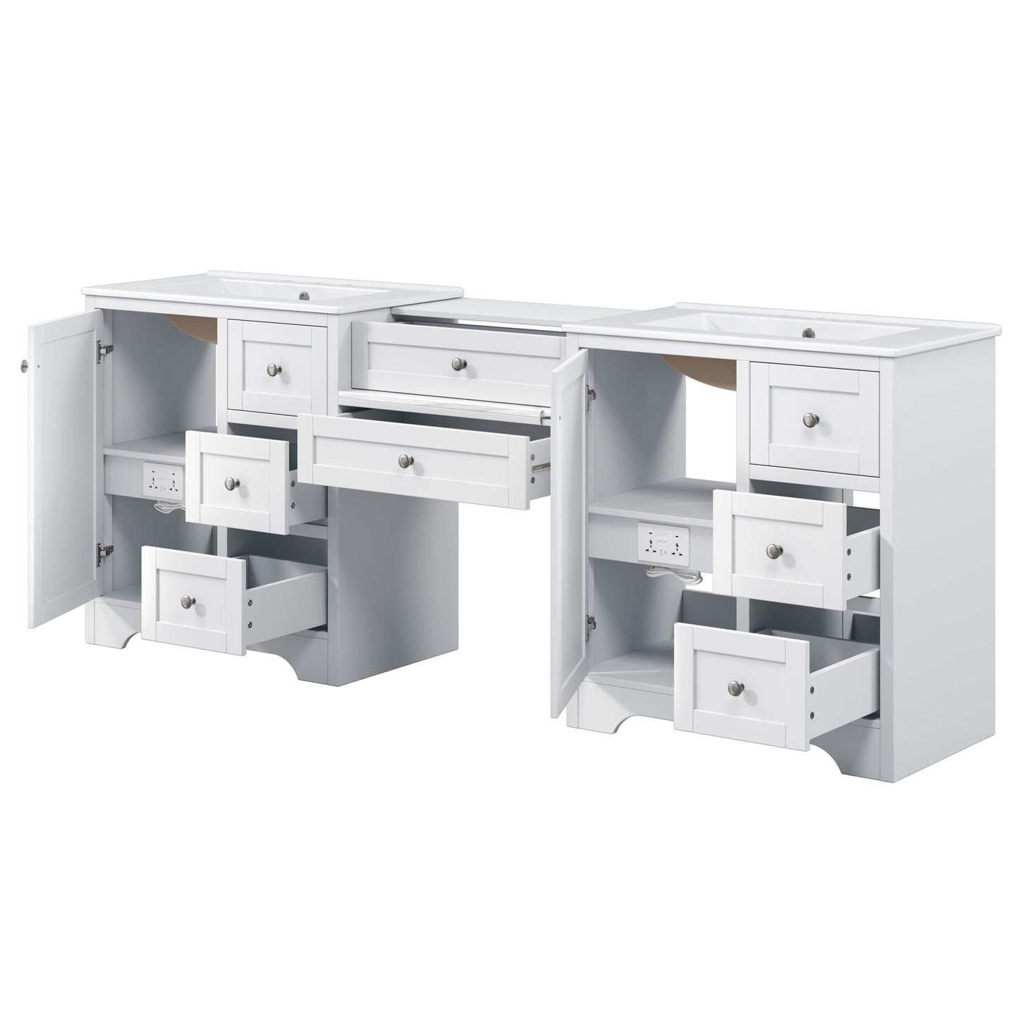 Merax 84" Double Sink Bathroom Vanity with Engineered Stone Countertop & 2 Ceramic Sinks,Large Storage Vanity with 6 Soft Close Drawers,Silver Metal Knobs for Master Bathroom,Family Bath,White