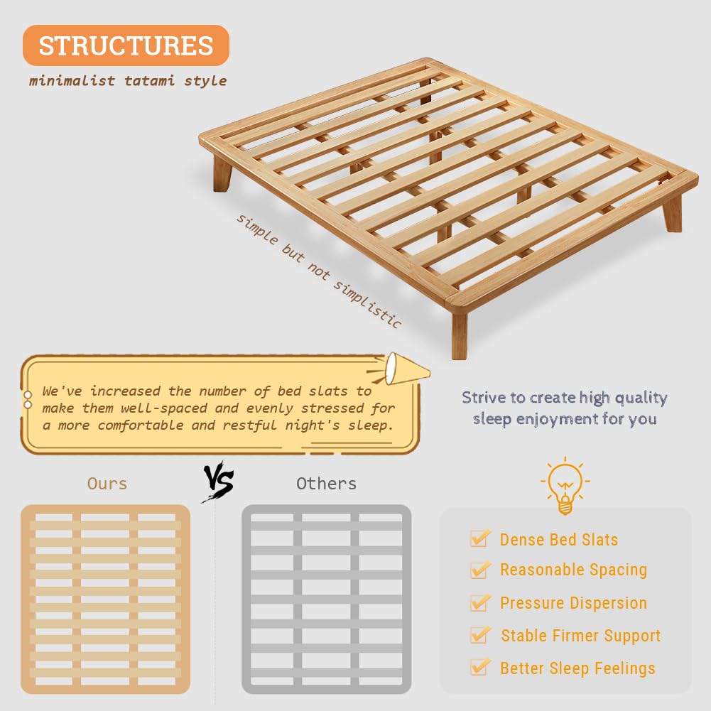 NELYE Queen Platform Bed Base - 14 Inch Solid Wood Mattress Foundation with Support Slats and Legs, Queen-Size Rubberwood Simple Bed Frame