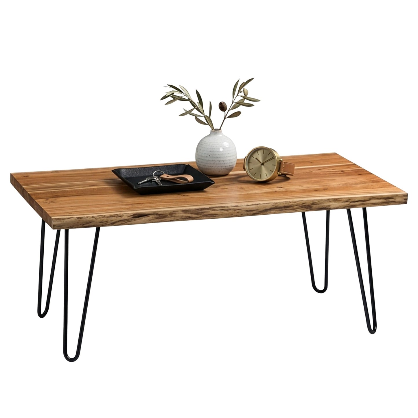 Alaterre Furniture Live Edge Wood Coffee Table with Hairpin Metal Legs – Rustic Modern Farmhouse Living Room Table with Acacia Wood Top (48 Inch)