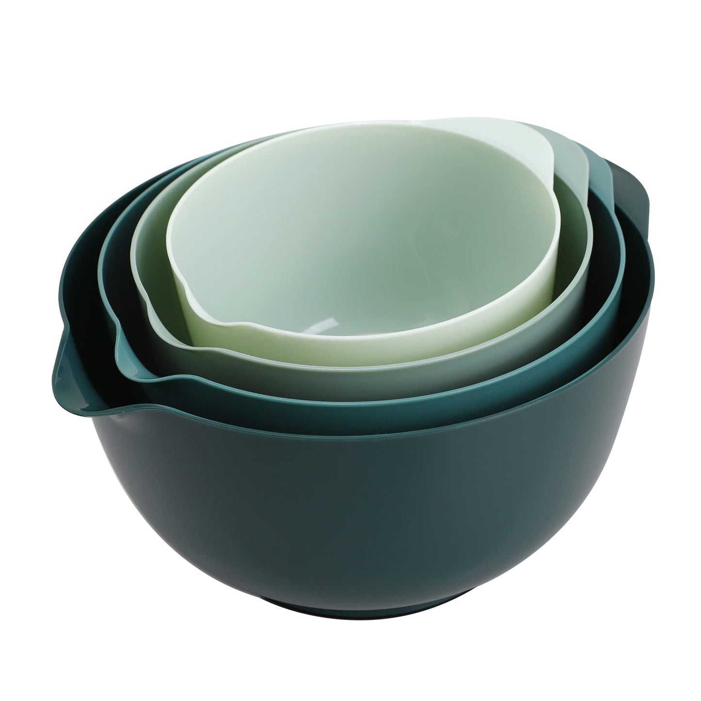 BoxedHome Green Ombre Nesting Plastic Mixing Bowl Set With Pour Spout, Microwave and Dishwasher Safe, BPA free Non-Slip Base, Set of 4 Size 1.7, 2.5, 3.5 and 4.5qt, Great for Prepping, Baking, Cooking