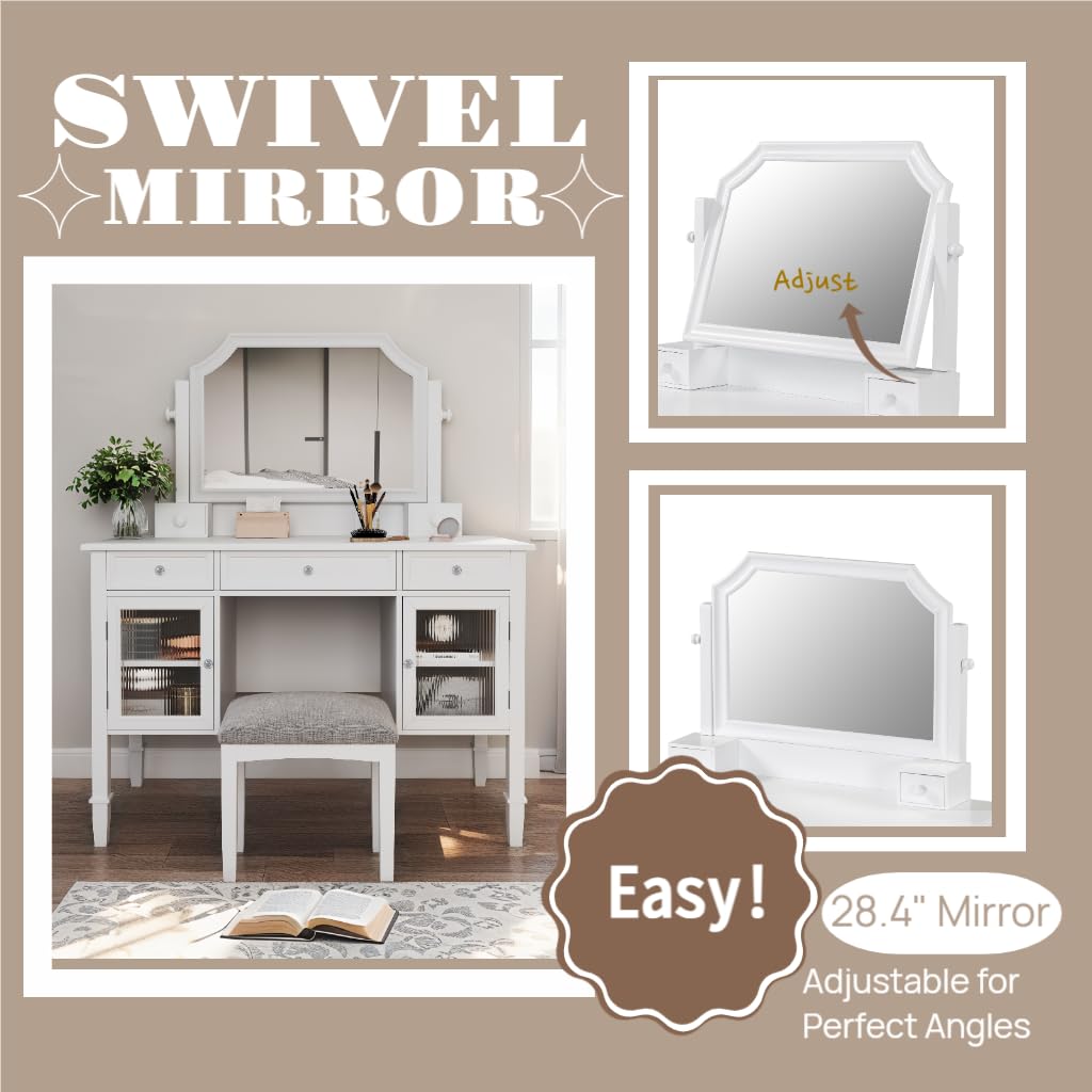 Merax Makeup Vanity Desk with Large Adjustable Mirror & Stool, Minimalist Dressing Table Set with 5 Drawers & 2 Cabinets, Space-Saving Beauty Station for Bedroom Salon Barber Store, White