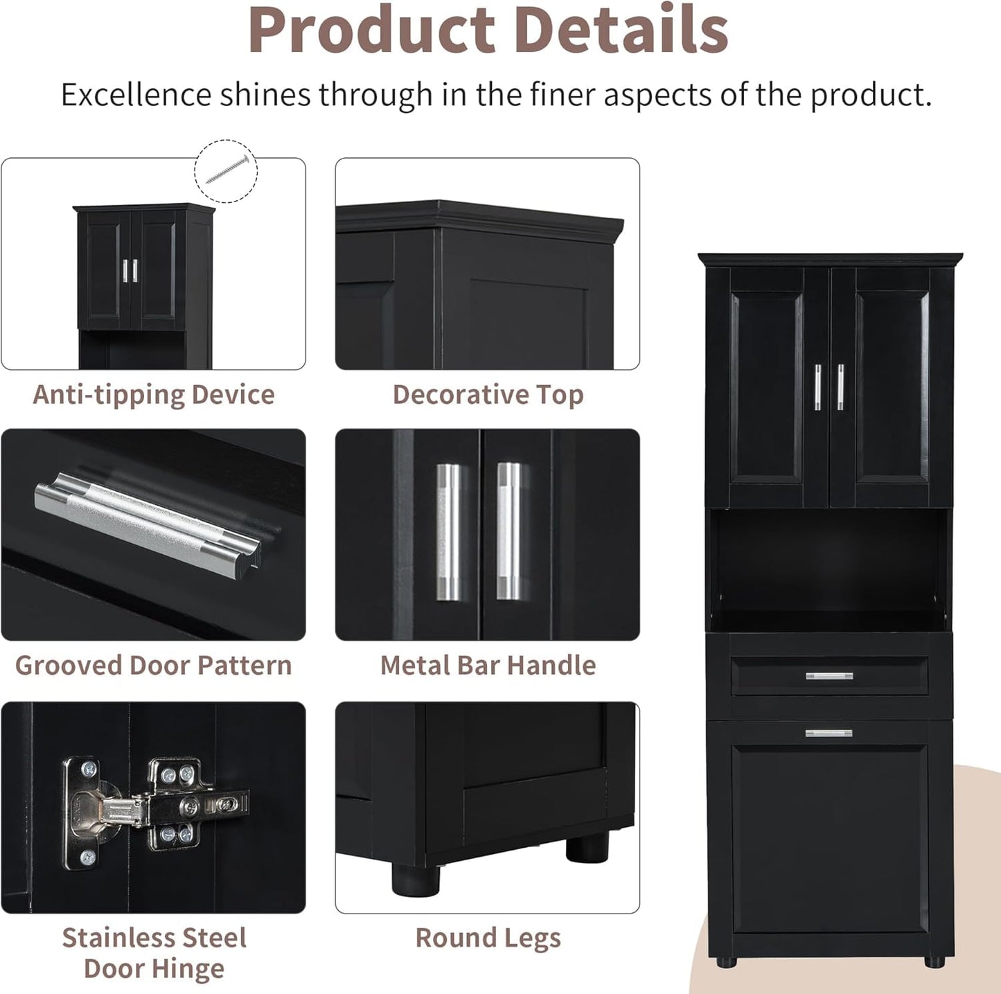 Virubi Laundry Cabinet with Tilt Out Laundry Hamper and Drawer, Wood Tall Bathroom Storage Cabinet with Doors and Adjustable Shelves, Freestanding (Black)