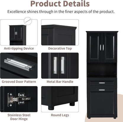 Virubi Laundry Cabinet with Tilt Out Laundry Hamper and Drawer, Wood Tall Bathroom Storage Cabinet with Doors and Adjustable Shelves, Freestanding (Black)