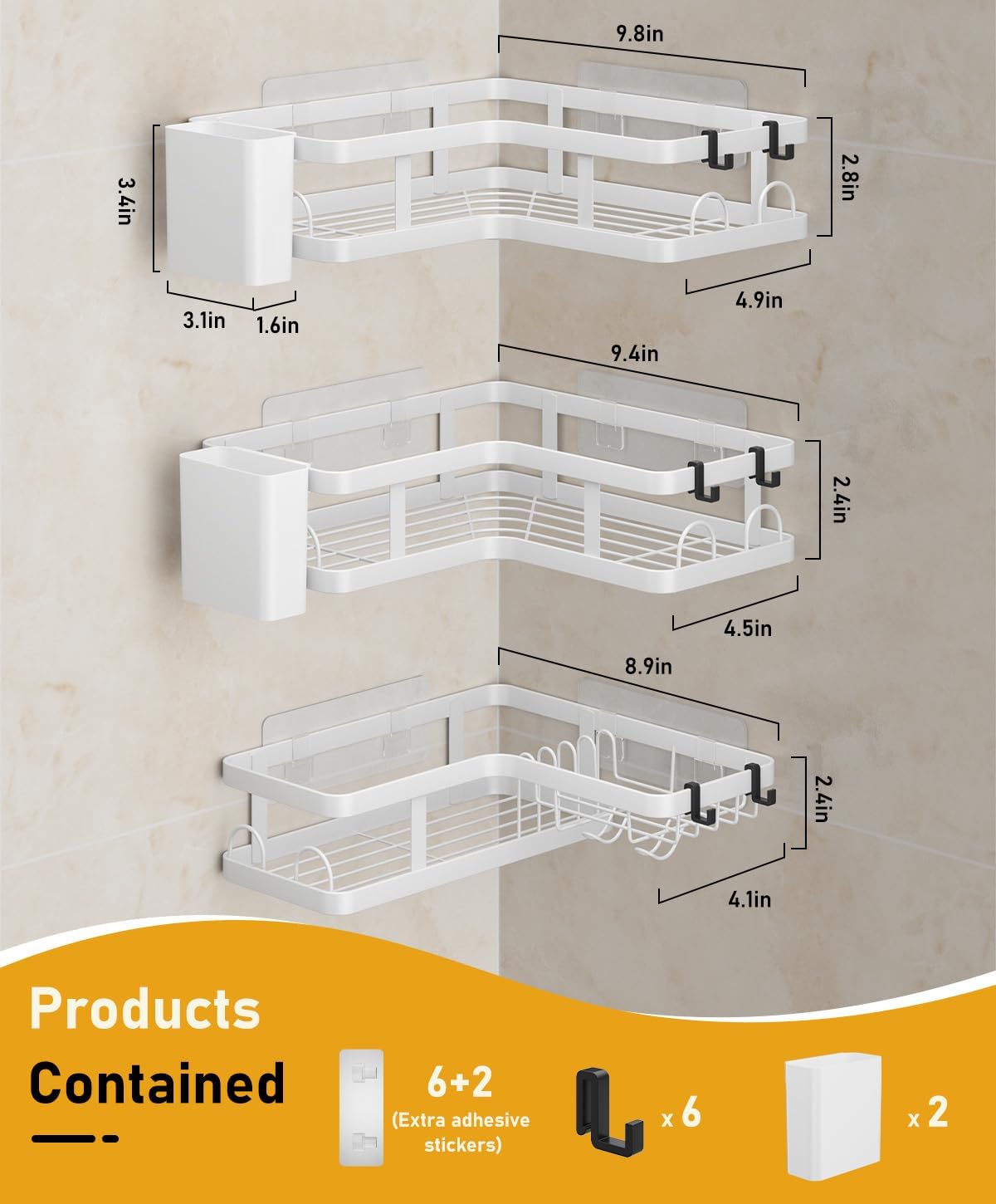 3 Pack Corner Shower Caddy Organizer, Rustproof Corner Shower Shelves, No Drilling Bathroom Corner Shelf with Hooks
