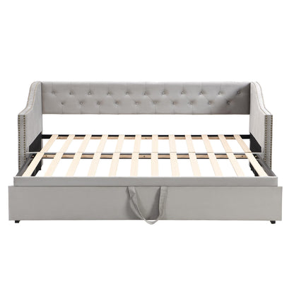Twin Size Upholstered Daybed with Pop up Trundle,Velvet Day Bed Frame with Extendable Trundle,Twin to King Daybed,Tufted Sofa Bed for Bedroom,Living Room,Guest,Gray