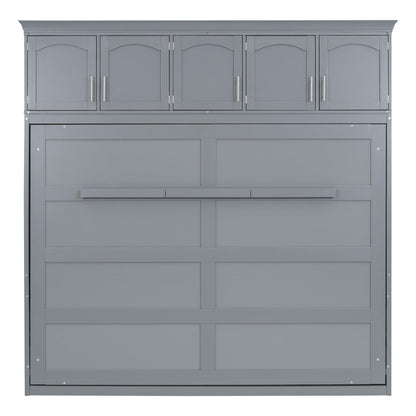 YOPTO Full Size Murphy Bed Cabinet,Folding Wall Bed Frame with Top Storage Lockers,Hidden Platform Bed Chest W/Wood Slats Support,Space-Saving,Easy Assembly,for Bedroom,Guest Room,Home,Office,Gray
