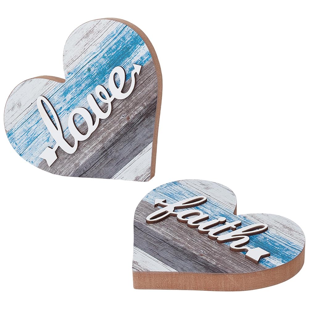 GORGECRAFT 2Pcs 2 Styles Small Wooden Heart Decor Rustic Farmhouse Table Centerpieces Love Faith Sign Table Decoration for Dining Room Shelf Housewarming Gifts Bedroom Office New House