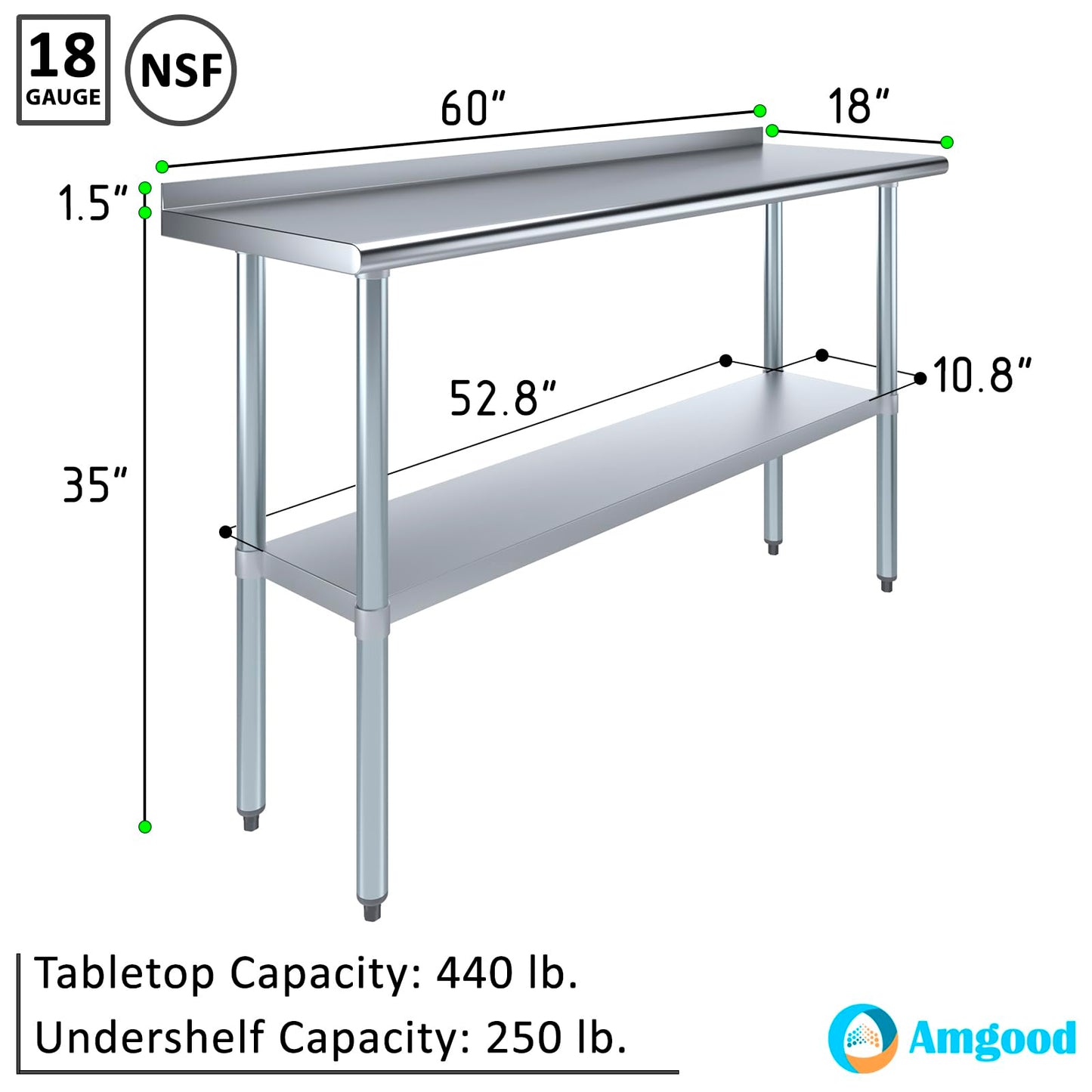 AmGood 18 in. x 60 in. Stainless Steel Work Table with 1.5 in. Backsplash | Metal Kitchen Food Prep Table