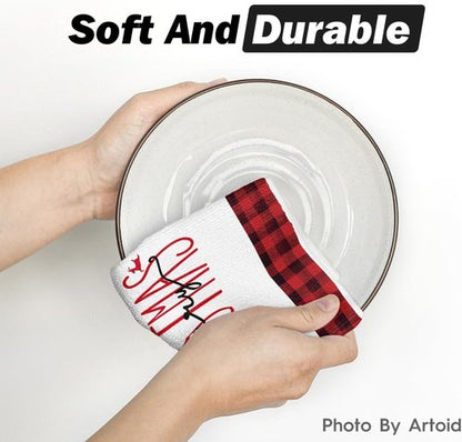 Artoid Mode Christmas Kitchen Towels - Red Black Buffalo Plaid Snowman Design | Set of 4, 18x26 Inch