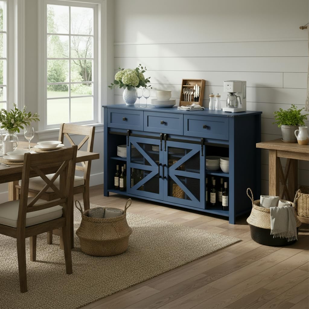 GDFStudio 55" Farmhouse Buffet Cabinet with Sliding Barn Mesh Doors & 3 Drawers, Sideboard Storage Cabinet with Adjustable Shelves, Coffee Bar Cabinet Credenza for Dining Room Living Room, Navy Blue