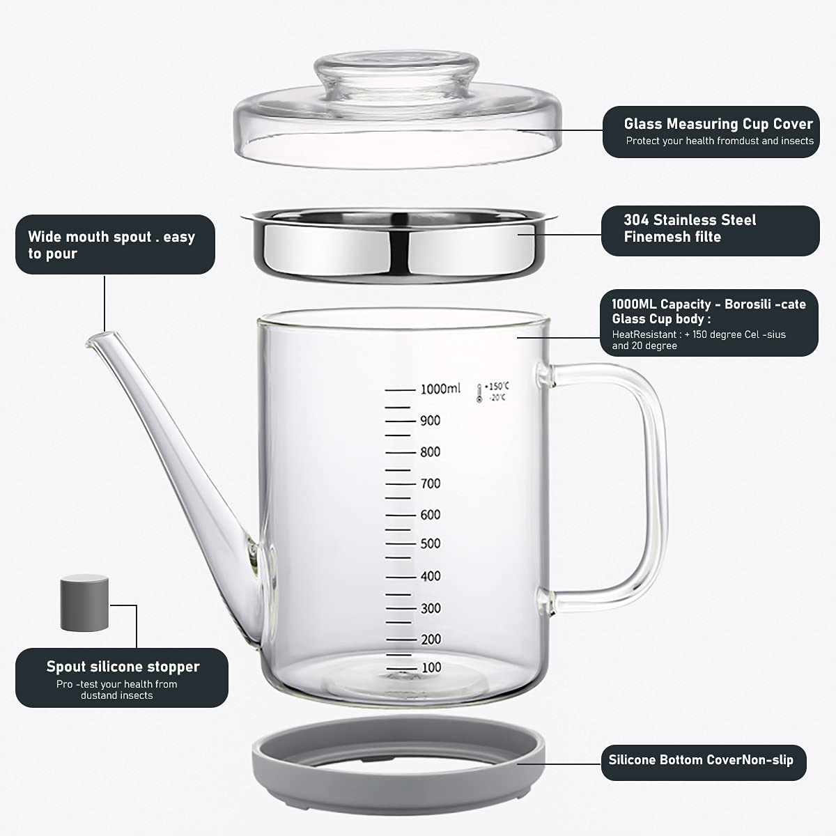Home Servz Fat Separator,Cooking Gravy Strainer, with Stainless Steel Oil Strainer,1000ML Transparent Heat Resistant Glassware and Cover,Silicone Bottom Cover and Stopper