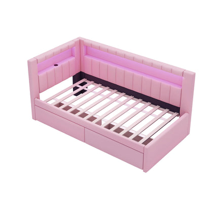 Bellemave Twin Size Upholstered Daybed with Drawers and USB/LED Belt, Corner Bed with Drawers. L-Shape daybed for Bedroom Living Room, Pink（Linen）