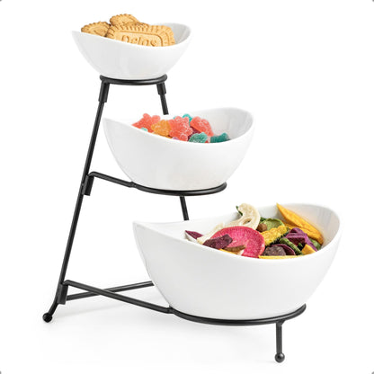 Miamolo 3 Tier Serving Bowls with Stand, Serving Dishes Chips and Dip Serving Set for Entertaining Party, Ceramic Serving Bowl Food Display for Fruit Salad Soup Snacks, Microwave & Dishwasher Safe