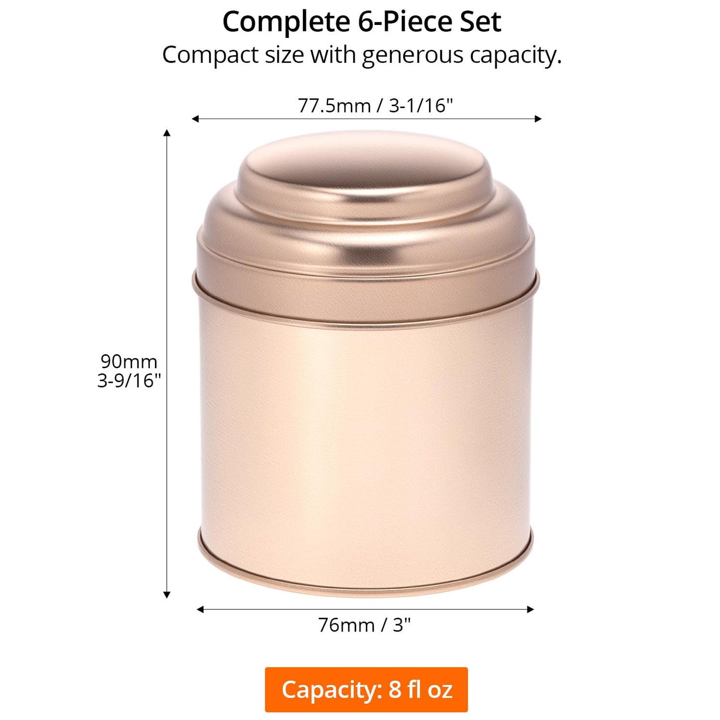 QWORK Tea Tin Canisters with Airtight Double Lids, 8 fl oz Each, 6 Pack Metal Containers, Mini Tea Storage Containers for Loose Leaf Tea, Tea Bags, Coffee, Sugar, Spices, Rosegold