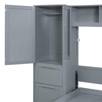 Ball & Cast Murphy Bed Full Size with Five-Layer Cabinet,Solid Wood Storage Hidden Wall Bedframe,W/Folding Designed,Space-Saving,for Home Office,Study,Guest Room,Gray