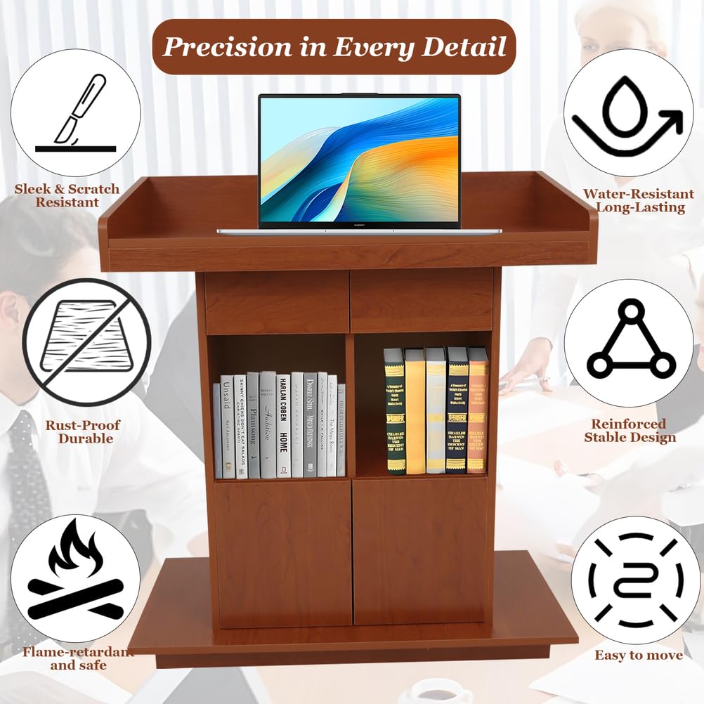 lecterns, Standing Wooden Podium, Podium Stand with Storage Platform, Church Podium and Pulpit, Walnut,L39×W20×H44in