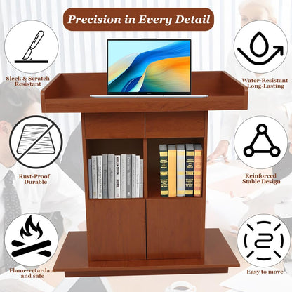 lecterns, Standing Wooden Podium, Podium Stand with Storage Platform, Church Podium and Pulpit, Walnut,L39×W20×H44in
