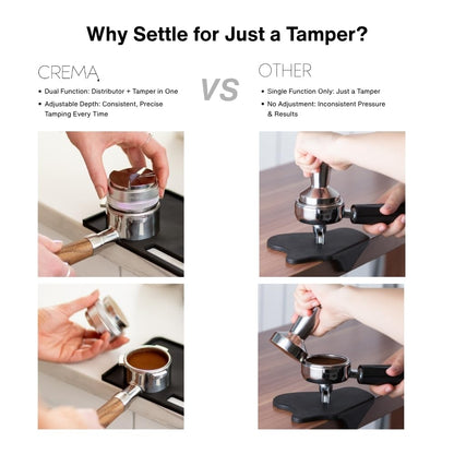 CREMA Coffee Products 53.3mm Hand Tamper & Coffee Distributor | Compatible with Breville Portafilters | Double-Sided, Adjustable Depth Tool | Made with Durable 304 Stainless Steel | Silver