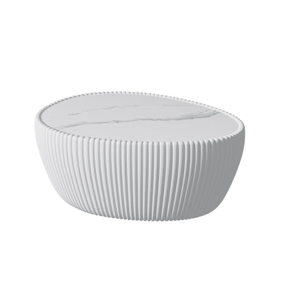 KEIKI 32.1" Goose Eggs Shape Coffee Table, Modern Sofa Side Table with Marble Top & Leather Wrap, Small End Table for Living Room, Bedroom, Office, White