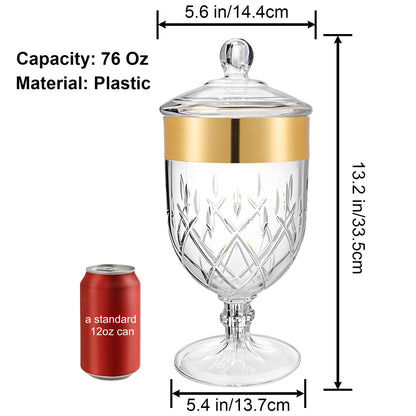 Hacaroa 76 Oz Large Plastic Apothecary Jar with Airtight Lid, Acrylic Candy Cookie Jar for Candy Buffet, Decorative Footed Wedding Container Bathroom Canister for Bath Salt, Vanity, Party, Gold Trim