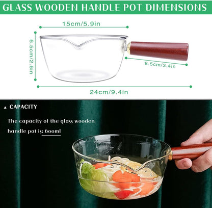 DOERDO Clear Glass Pot, Milk Pan with Wooden Handle, Breakfast Cooking Pot for Home Kitchen