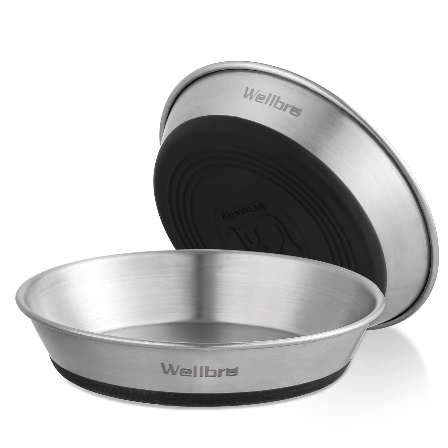 Wellbro Cat Bowls, 2 Pcs Stainless Steel Cat Bowls for Food and Water, Whisker Fatigue Shallow Non-Slip Dishes Plates for Small Dog Puppies Cats
