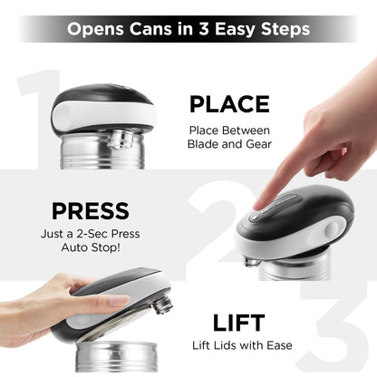 Kitchen Mama One-To-Go Electric Can Opener: One Touch, Auto Stop, Smooth Edge, Lid Lift, Safety, Automatic, Magnetic, Cordless, Battery Operated, Kitchen Appliance for Senior with Arthritis (White)