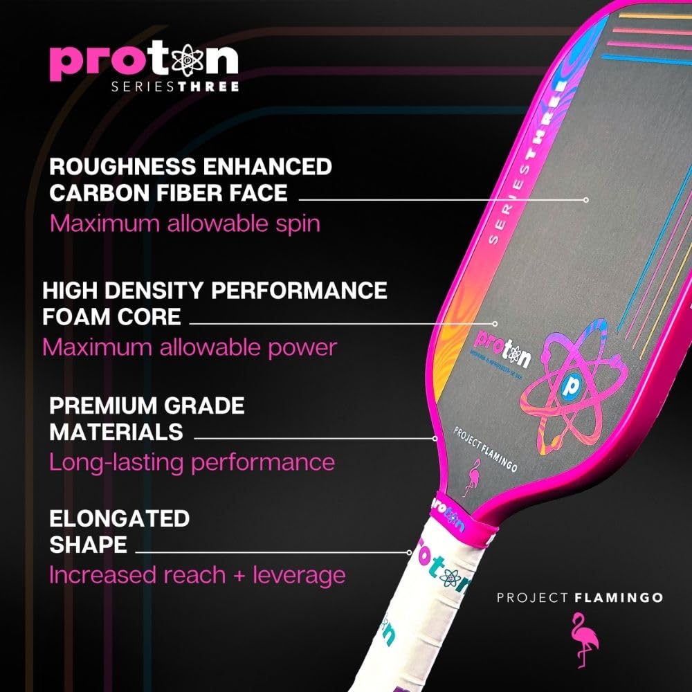 Proton Series Three Project Flamingo Pickleball Paddle - 15mm Velocity Core & Carbon Fiber Face (Pink, Elongated)