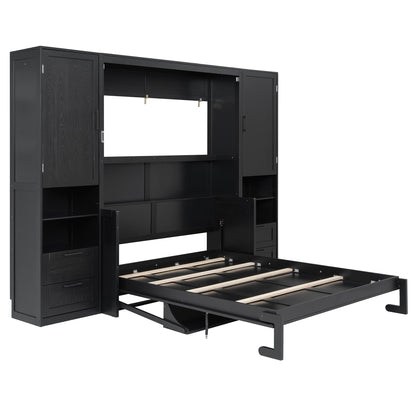 Merax Queen Size Murphy Bed with Desk, Multifunctional Foldable Wall Bed with Closet, Drawers and Shelves, Space-Saving Wood Bed Frame for Small Space Studio Study Office Guest Room, Black(Oak Veneer)