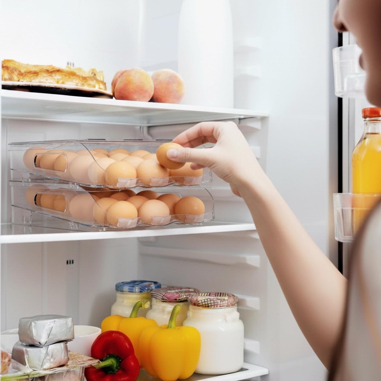 SMRCAD Egg Holder for Fridge, Automatic Steady Rolling Egg Dispenser with Silicone Bumpers & Handle for Refrigerator, Large Capacity Egg Organizer with Lid