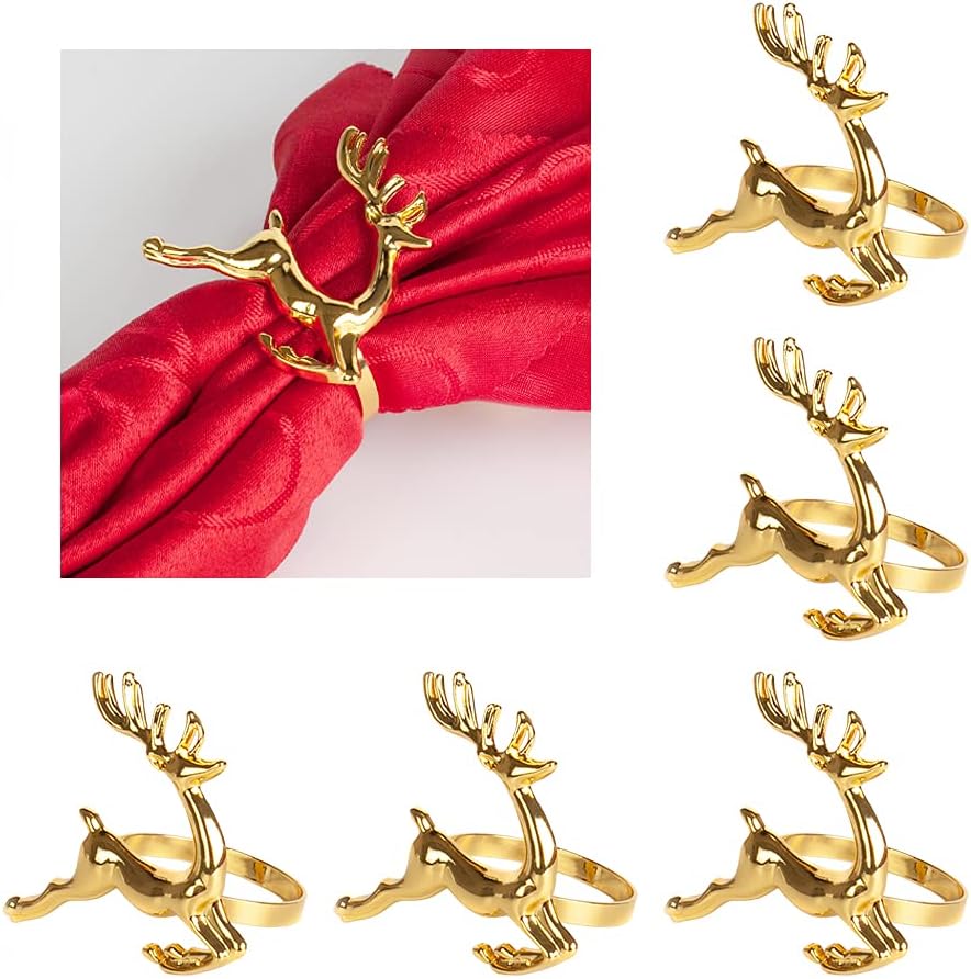 6Pcs Gold Deer Napkin Rings, Elk Chic Napkin Ring Holder for Christmas, Thanksgiving, Holiday Gatherings, Dinner Parties
